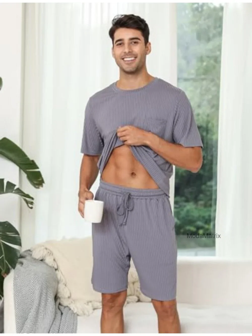 Matching Couples 2 Piece Pajama Set Ribbed Knit Lounge Shorts and Top Sleepwear